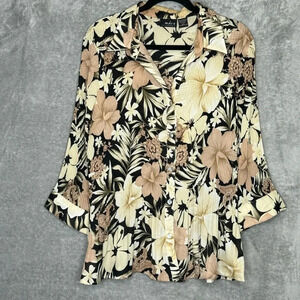MDS California 2X Shirt Top Brown Floral Button Up 3/4 Sleeve Collared V Neck